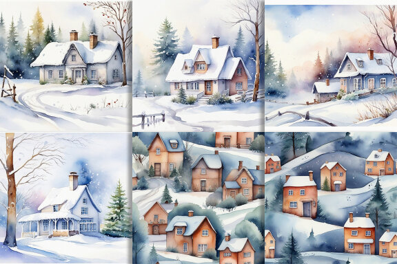 Watercolor Winter Season And House