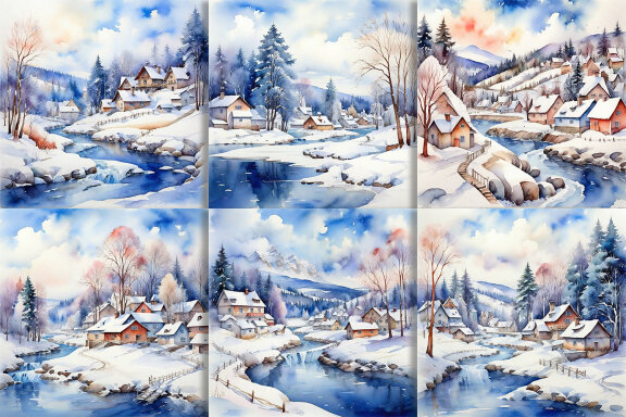 Watercolor Winter Season And Village