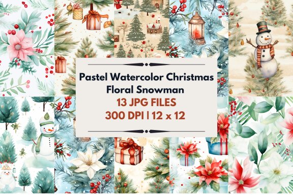 Pastel Watercolor Christmas Floral Snowman