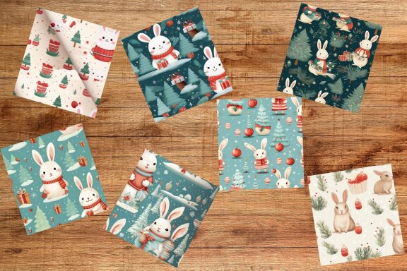Vintage Christmas Rabbit Cute 3D Digital Paper