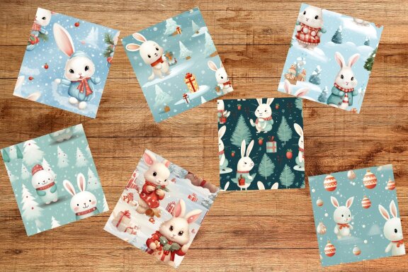 Vintage Christmas Rabbit Cute 3D Digital Paper
