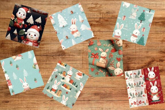 Vintage Christmas Rabbit Cute 3D Digital Paper