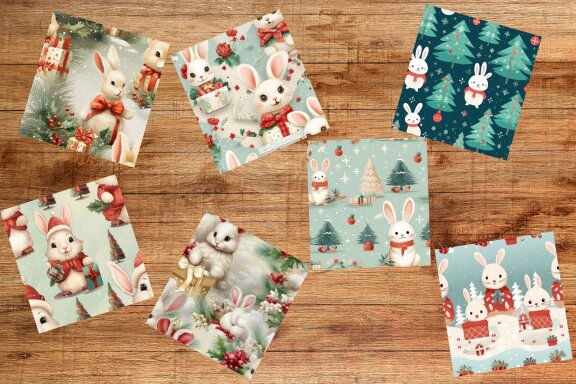 Vintage Christmas Rabbit Cute 3D Digital Paper