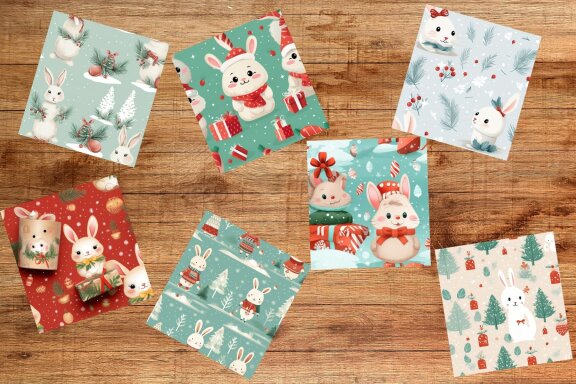 Vintage Christmas Rabbit Cute 3D Digital Paper