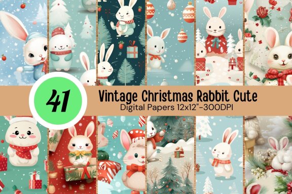 Vintage Christmas Rabbit Cute 3D Digital Paper