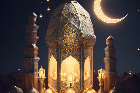 Crescent Moon Eid Mubarak Design And Lanterns Moon