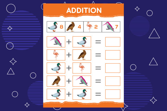 Addition with different birds for kids