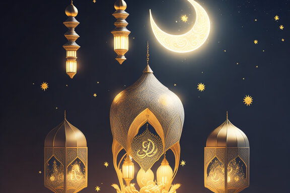 Crescent Moon Eid Mubarak Design And Lanterns Moon