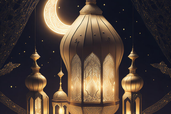 Crescent Moon Eid Mubarak Design And Lanterns Moon