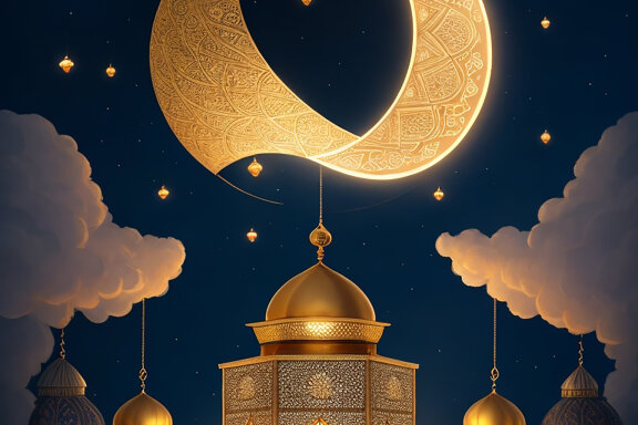 Crescent Moon Eid Mubarak Design And Lanterns Moon