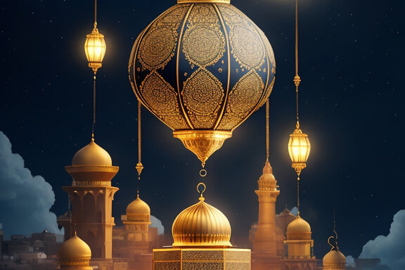 Crescent Moon Eid Mubarak Design And Lanterns Moon