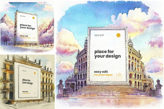 Architecture Drawing Style Frames Poster Mockups