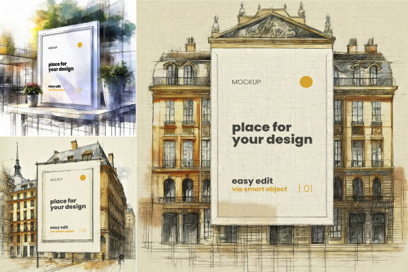 Architecture Drawing Style Frames Poster Mockups
