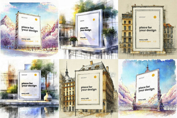 Architecture Drawing Style Frames Poster Mockups