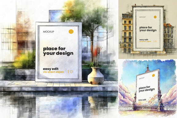 Architecture Drawing Style Frames Poster Mockups