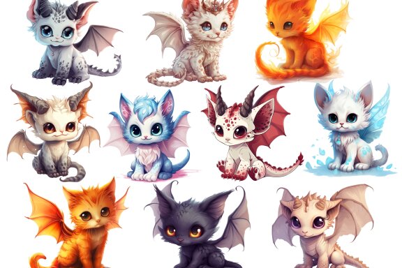 Cute Dragon Cat PNG Bundle, Little Fairy Kittens 