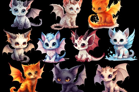Cute Dragon Cat PNG Bundle, Little Fairy Kittens 