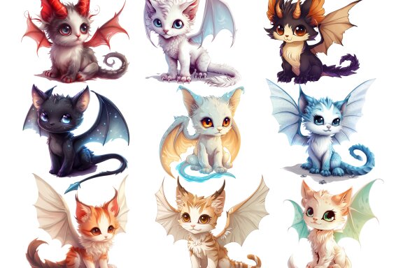 Cute Dragon Cat PNG Bundle, Little Fairy Kittens 
