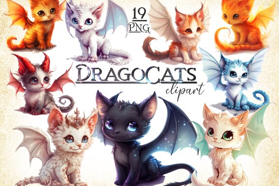 Cute Dragon Cat PNG Bundle, Little Fairy Kittens 