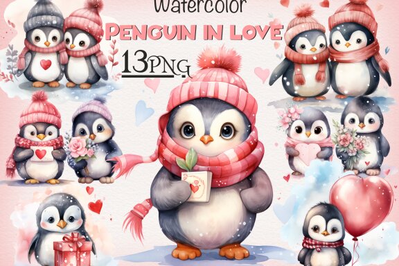 Penguin In Love PNG bundle, Watercolor penguin Valentine art