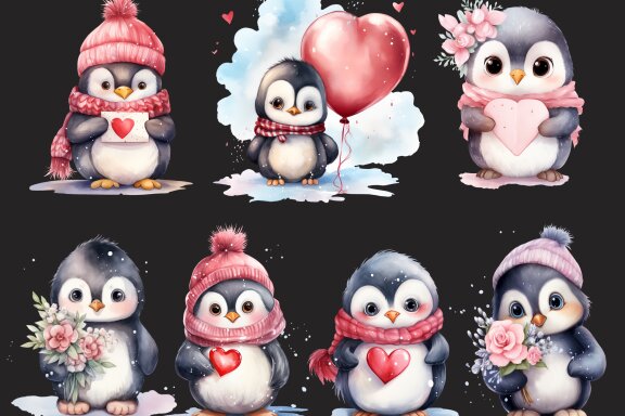 Penguin In Love PNG bundle, Watercolor penguin Valentine art