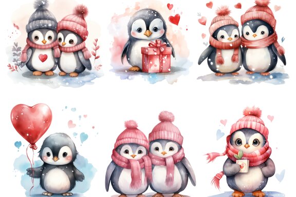 Penguin In Love PNG bundle, Watercolor penguin Valentine art