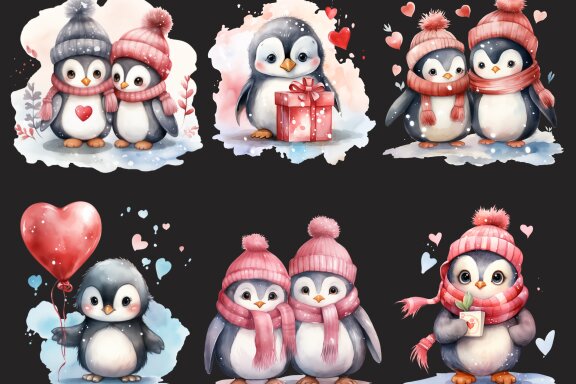 Penguin In Love PNG bundle, Watercolor penguin Valentine art