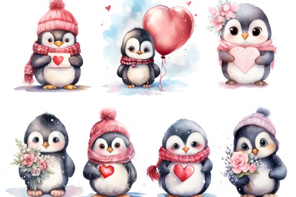 Penguin In Love PNG bundle, Watercolor penguin Valentine art