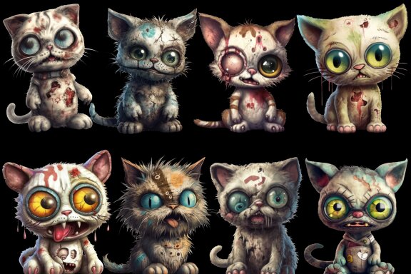 Plush Zombie Cat PNG Bundle, Funny Horror Clipart