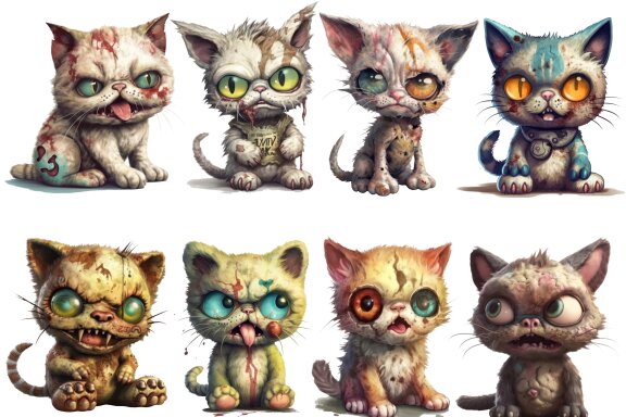 Plush Zombie Cat PNG Bundle, Funny Horror Clipart