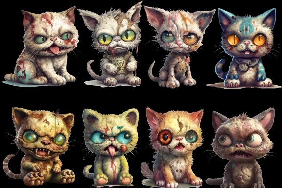 Plush Zombie Cat PNG Bundle, Funny Horror Clipart