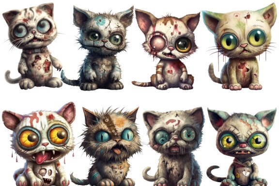 Plush Zombie Cat PNG Bundle, Funny Horror Clipart