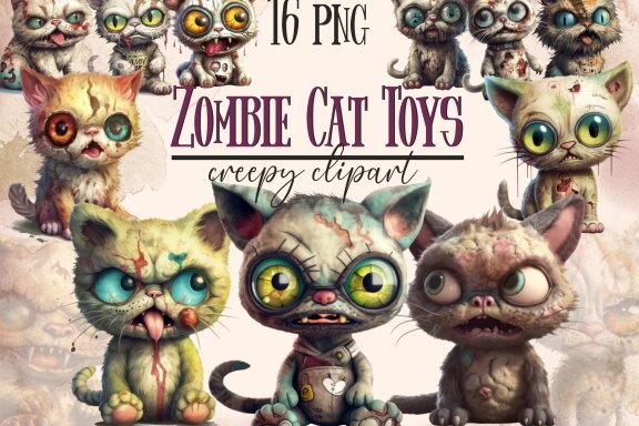 Plush Zombie Cat PNG Bundle, Funny Horror Clipart