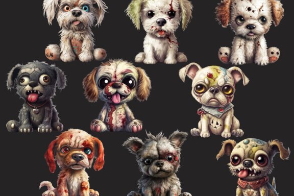 Plush Zombie Dog PNG Bundle, Funny Horror Clipart
