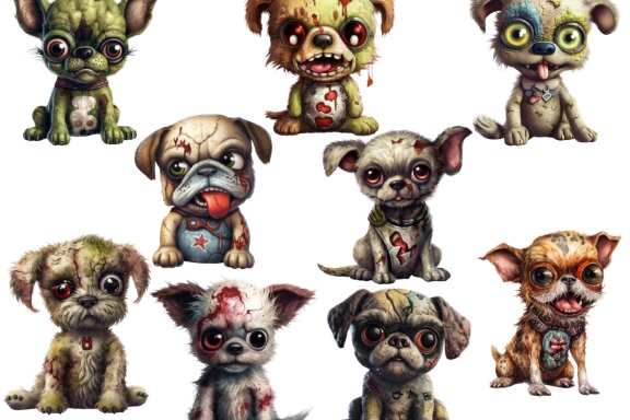Plush Zombie Dog PNG Bundle, Funny Horror Clipart
