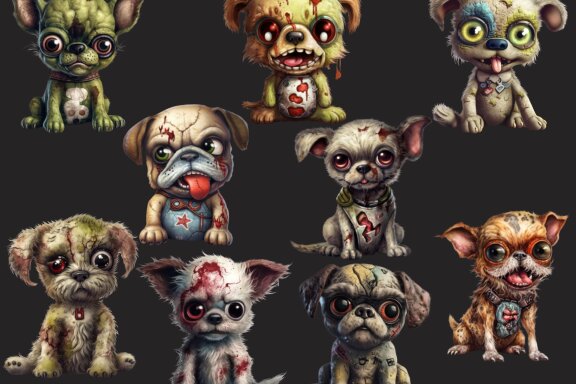 Plush Zombie Dog PNG Bundle, Funny Horror Clipart