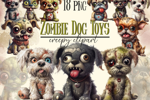 Plush Zombie Dog PNG Bundle, Funny Horror Clipart