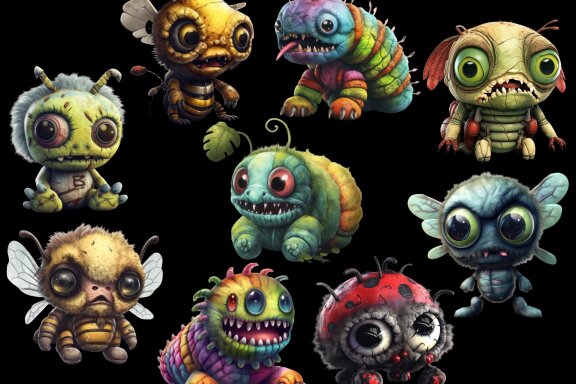 Plush Zombie Insects PNG Bundle, Funny Horror Clipart