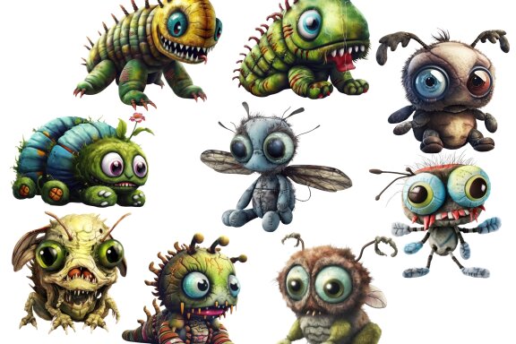 Plush Zombie Insects PNG Bundle, Funny Horror Clipart