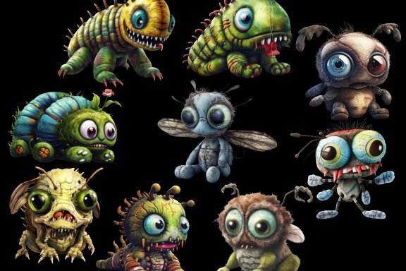 Plush Zombie Insects PNG Bundle, Funny Horror Clipart