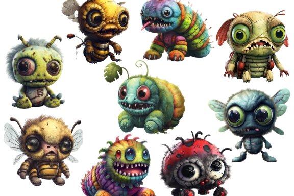Plush Zombie Insects PNG Bundle, Funny Horror Clipart