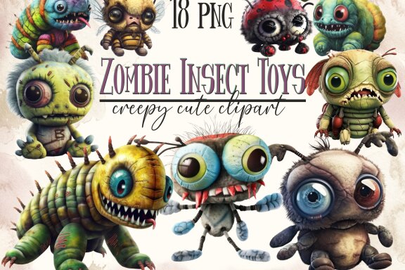 Plush Zombie Insects PNG Bundle, Funny Horror Clipart