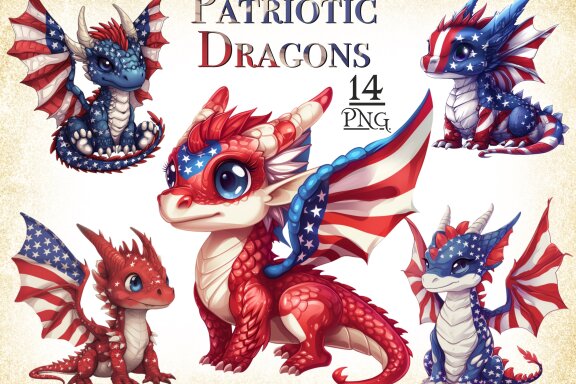 Patriotic Dragon PNG Bundle, American Flag Cute Dragon Clipart