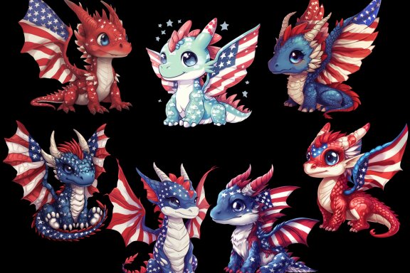 Patriotic Dragon PNG Bundle, American Flag Cute Dragon Clipart