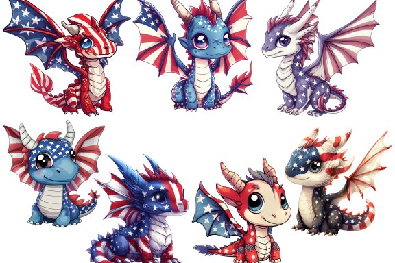 Patriotic Dragon PNG Bundle, American Flag Cute Dragon Clipart