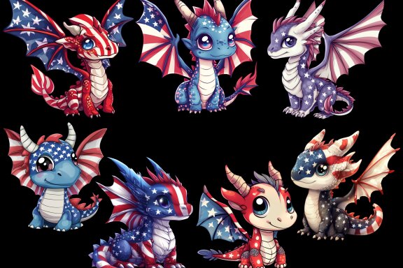 Patriotic Dragon PNG Bundle, American Flag Cute Dragon Clipart
