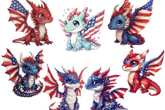 Patriotic Dragon PNG Bundle, American Flag Cute Dragon Clipart