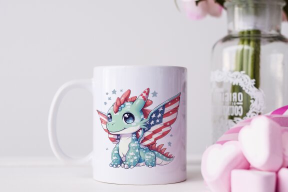 Patriotic Dragon PNG Bundle, American Flag Cute Dragon Clipart