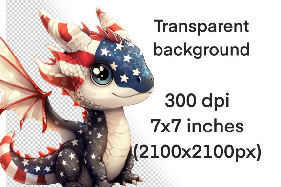 Patriotic Dragon PNG Bundle, American Flag Cute Dragon Clipart