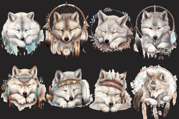 Dreaming Wolf PNG Bundle, Cute Boho Wolves Clipart